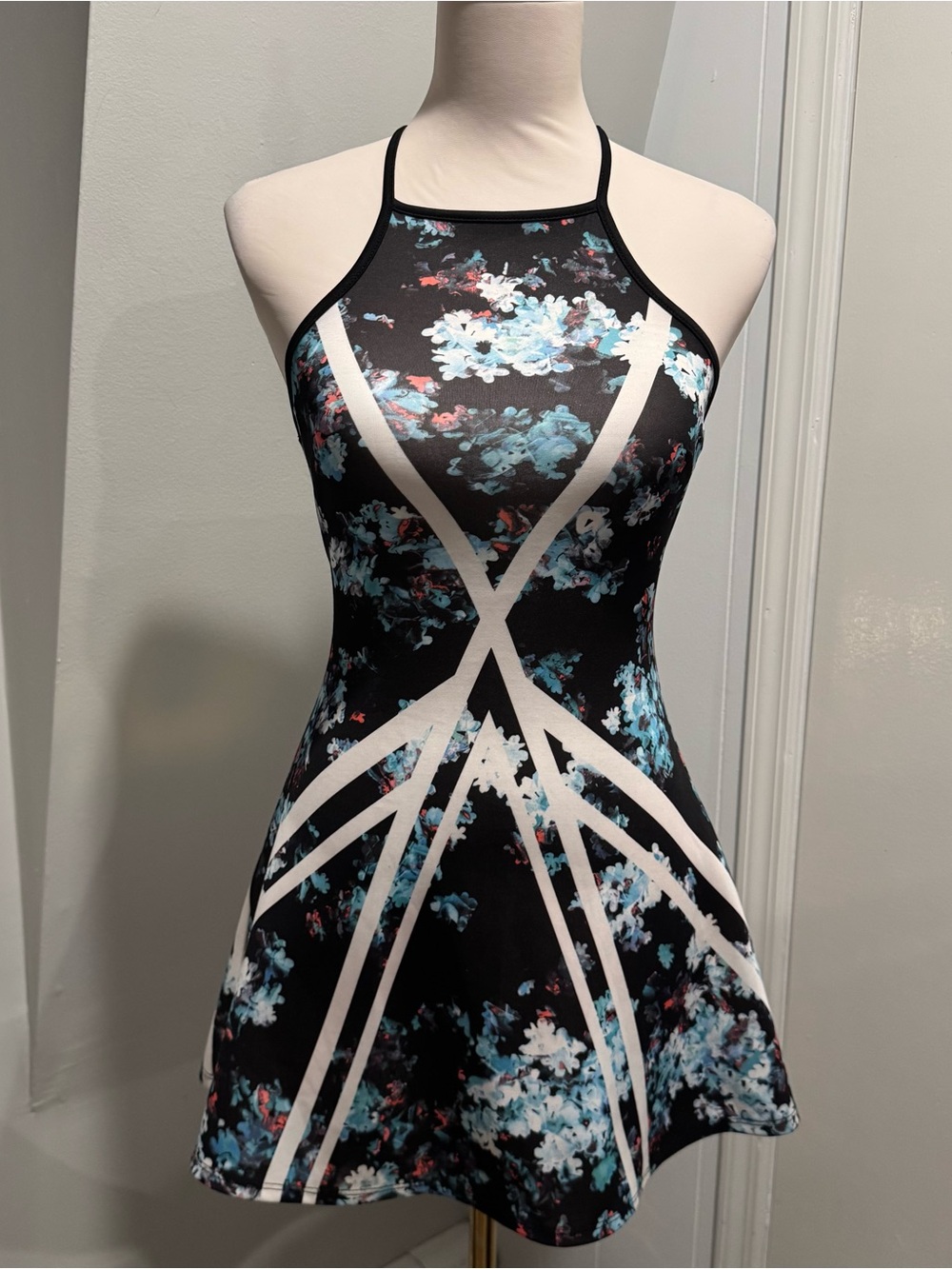 Material Girl Floral Fit & Flare Mini Dress XS Black Blue Halter Y2K